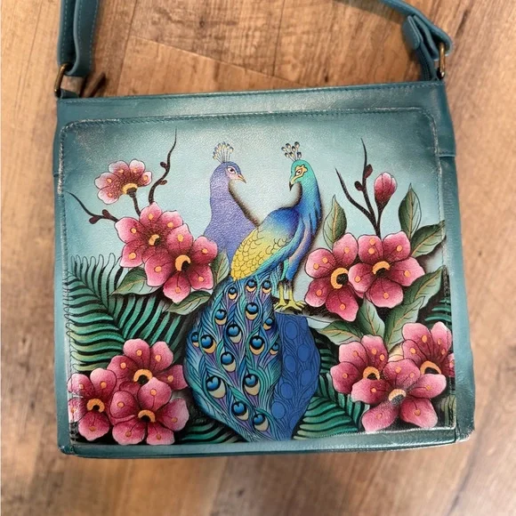 Anuschka Peacock Hand-Painted Blue Floral Crossbody Bag - Picture 4 of 15